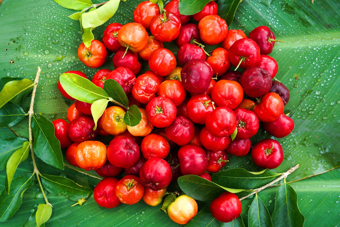 Ein Stapel reifer roter und orangefarbener Acerola-Kirschen mit grünen Blättern liegt auf einem großen, taubedeckten Bananenblatt.