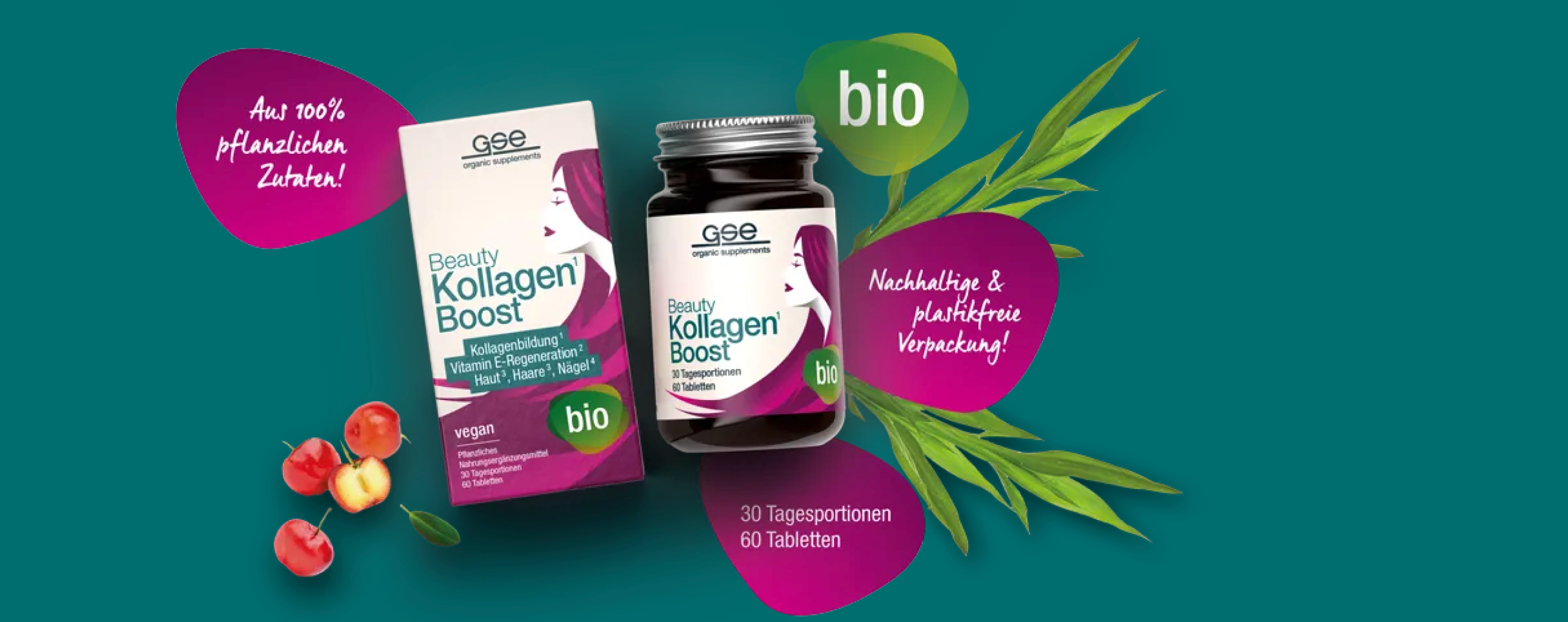 Abgebildet sind ein Glas und eine Schachtel mit GSE Beauty Kollagen Boost Bio-Tabletten, umgeben von Kirschen, grünen Blättern und Produkthighlights in deutscher Sprache auf blaugrünem Hintergrund. Die Verpackung weist rosa und grüne Akzente auf.