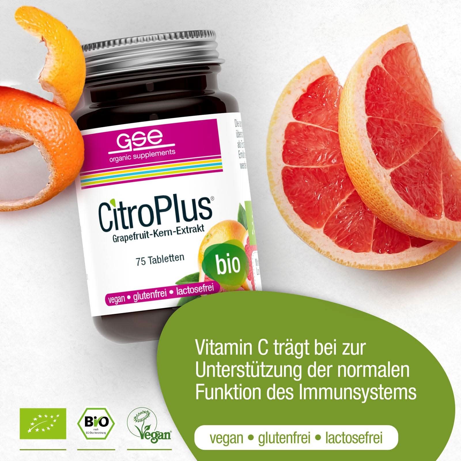 Ein Glas CitroPlus® Tabletten (Bio) von gse.organic.supplements ist mit Grapefruitscheiben abgebildet. Der Text hebt die veganen, gluten- und laktosefreien Vorteile sowie die Unterstützung des Immunsystems dank wertvoller Bioflavonoide hervor.