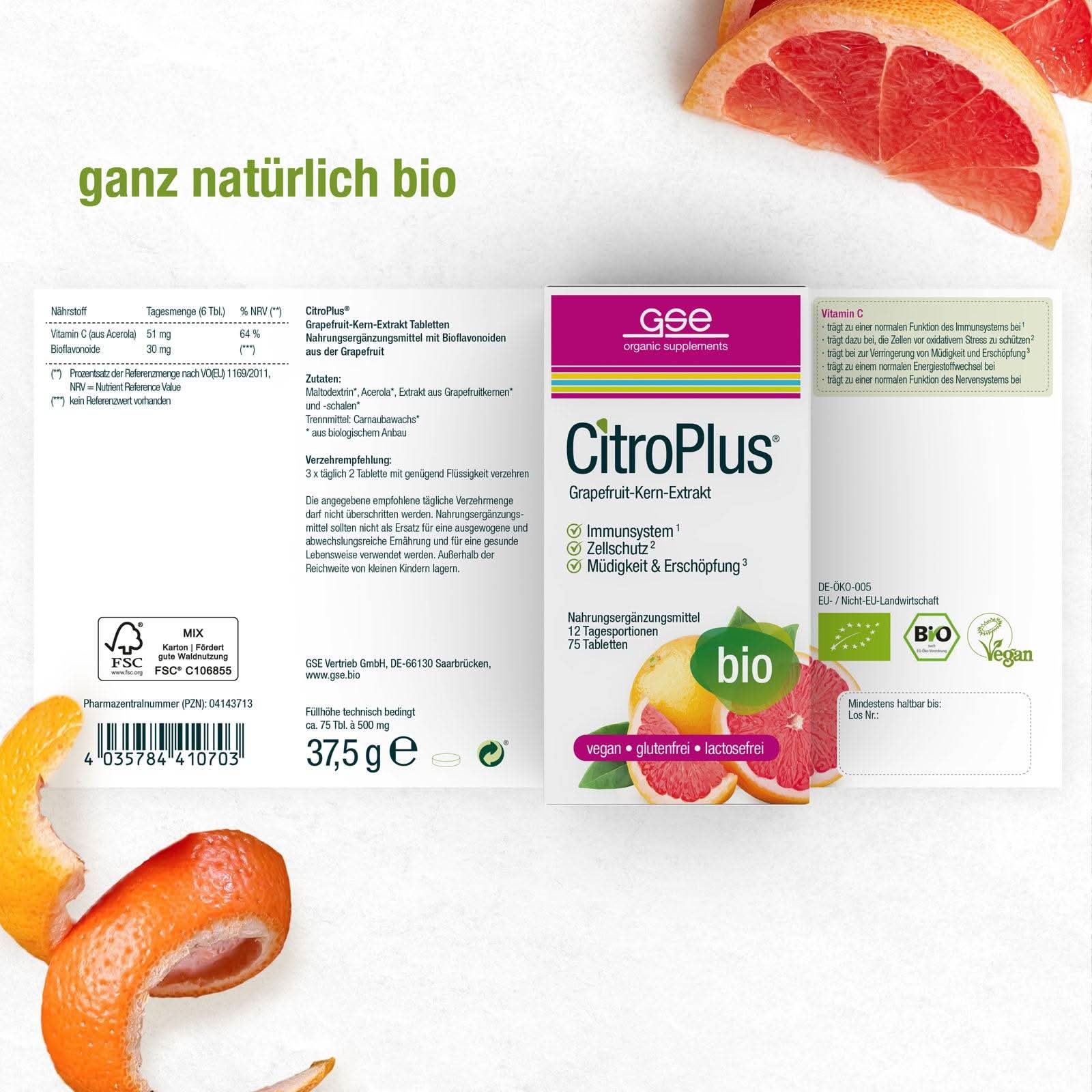 Ein Etikett für CitroPlus® Tabletten (Bio) von gse.organic.supplements zeigt grüne Bio- und Vegan-Symbole, geschnittene Grapefruit und Schale sowie „ganz natürlich bio“ – ideal zur Unterstützung des Immunsystems mit Bioflavonoiden.