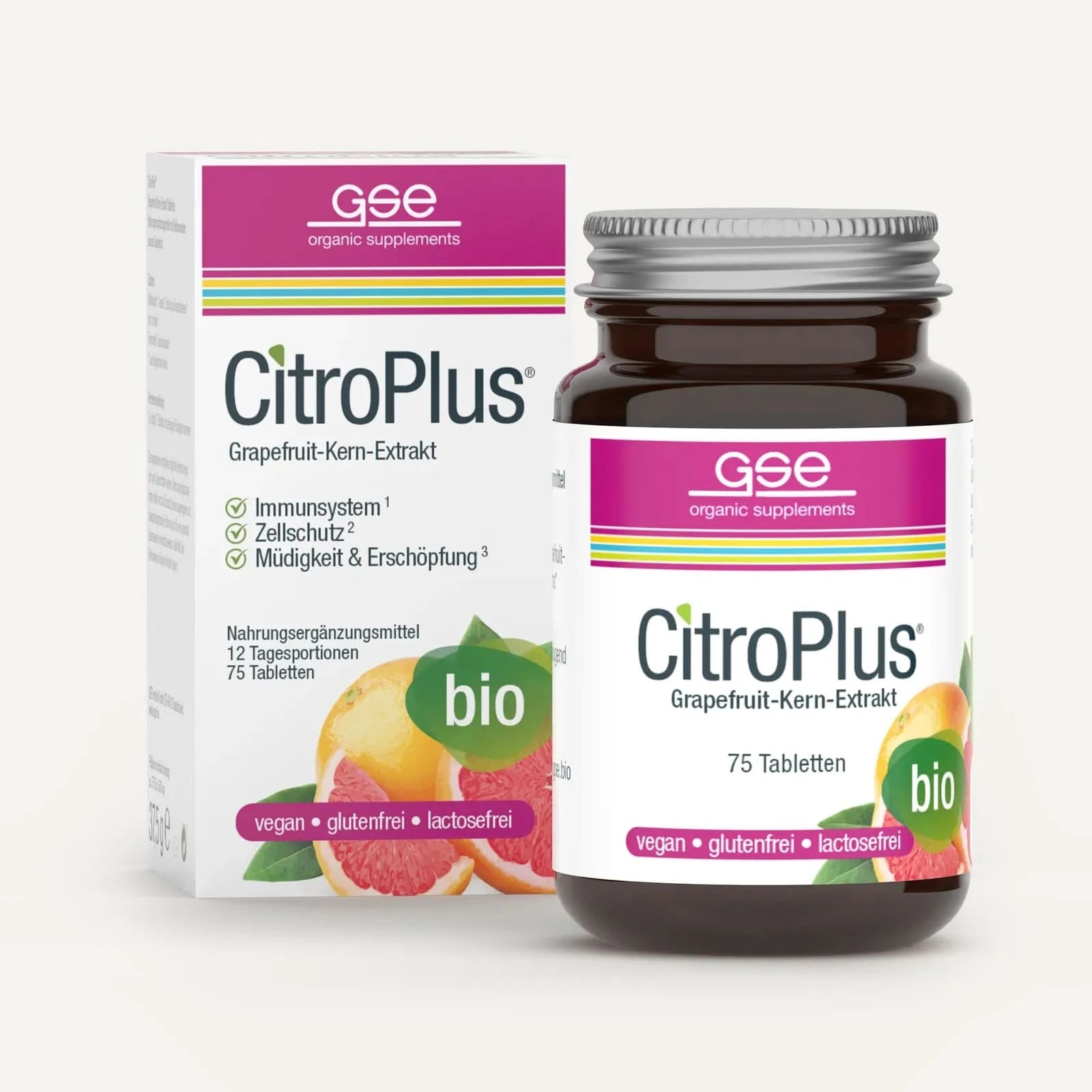 Eine braune Flasche und Schachtel mit der Aufschrift „CitroPlus® Tabletten (Bio)“ von gse.organic.supplements, mit Grapefruitbildern und einem grünen Bio-Etikett; die vegane Formel unterstützt das Immunsystem und ist gluten- und laktosefrei.