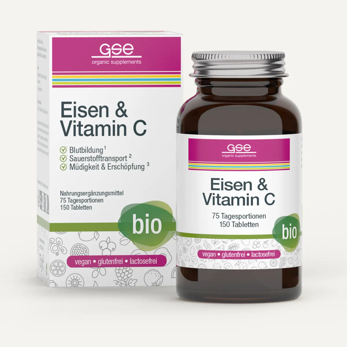 Eine braune Glasflasche und eine Schachtel mit der Aufschrift „Eisen & Vitamin C Complex (Bio)“ von gse.organic.supplements mit grünem Bio-Logo. Dieses pflanzliche Nahrungsergänzungsmittel enthält 150 vegane, gluten- und laktosefreie Tabletten zur Unterstützung von Blut und Energie.