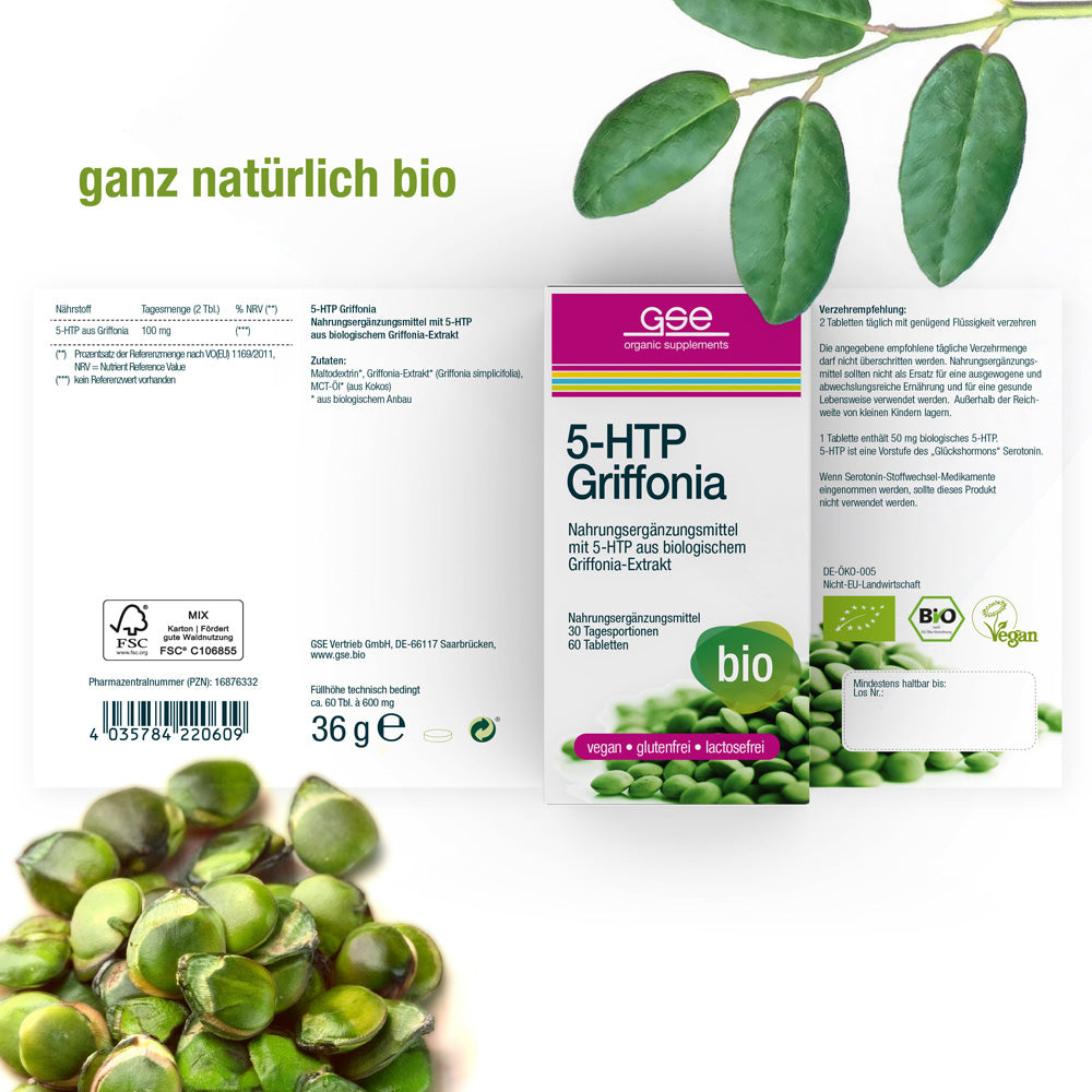 BIO 5-HTP Griffonia von gse.organic.supplements verfügt über eine Verpackung mit grünen Blättern und Samen sowie Etiketten für Bio, vegan, glutenfrei und laktosefrei. Enthält afrikanische Schwarzbohne zur Unterstützung des natürlichen Serotoninspiegels.