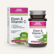 Eine Schachtel und Braunglasflasche von gse.organic.supplements Eisen & Vitamin C Complex (Bio), ein veganes, glutenfreies, laktosefreies Produkt mit 60 Tabletten pflanzliches Eisen.