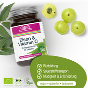 Eine Flasche gse.organic.supplements Eisen & Vitamin C Complex (Bio) ruht auf einer weißen Fläche mit grünen Blättern und Amla, die die vegane, glutenfreie und laktosefreie Formel und die Vorteile für die Blutbildung hervorheben.