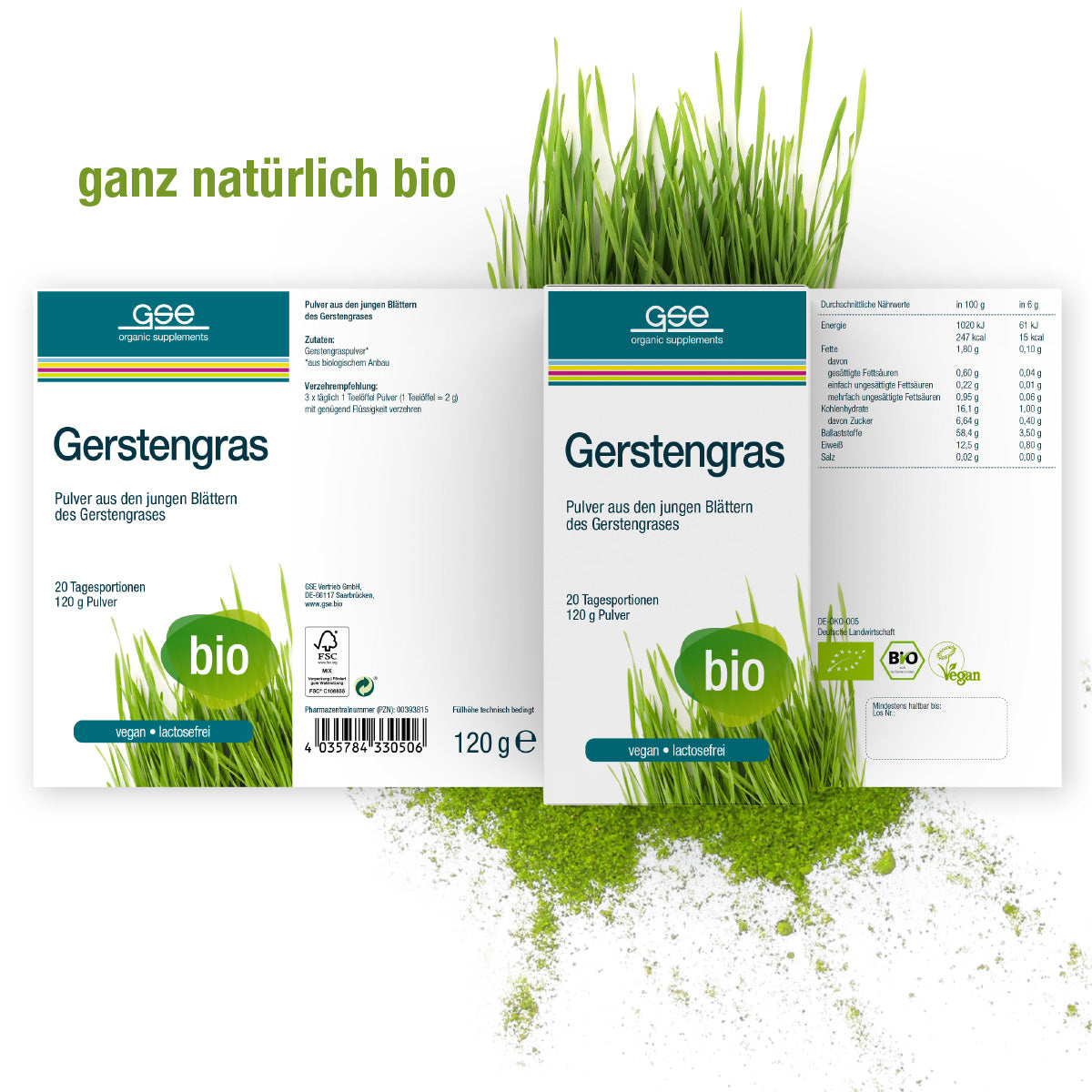 Das Gerstengras Pulver (Bio) von gse.organic.supplements ist mit grünem Gras und darunter liegendem Pulver abgebildet. Die Schachtel hebt biozertifiziert und vegane Etiketten, Nährwertangaben, "ganz natürlich bio" Text hervor und betont, dass es nährstoffreich ist.