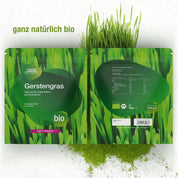 Vorder- und Rückseite der Packungen von Gerstengras Pulver (Bio) von gse.organic.supplements zeigen grünes Gerstengras und Pulver im Hintergrund. Die grüne Verpackung trägt deutsche Texte, vegane und Bio-Siegel sowie die Aufschrift „Nachhaltige Kultivierung“.