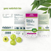 Produktetikett für Eisen & Vitamin C Complex (Bio) von gse.organic.supplements mit Bio-, Vegan-, Glutenfrei-, Laktosefrei-Symbolen, Amla-Früchten und -Blättern und deutschem Text auf weißem Hintergrund.