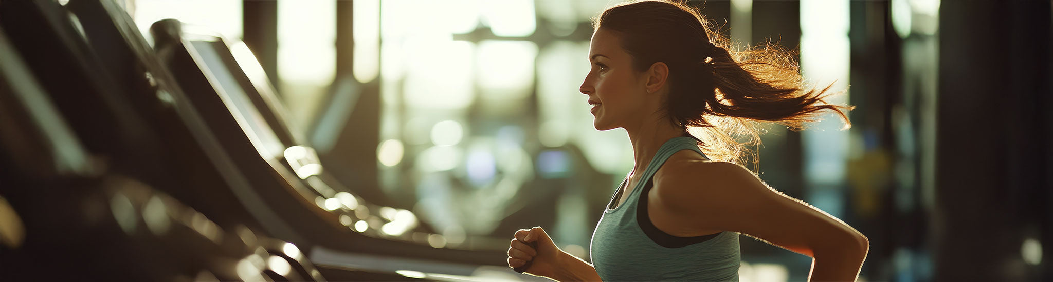 Eine Frau in Sportkleidung läuft auf einem Laufband in einem sonnendurchfluteten Fitnessstudio. Ihr Haar ist zu einem Pferdeschwanz gebunden, und ihr Gesichtsausdruck ist konzentriert. Im Hintergrund sind weitere Laufbänder zu sehen.