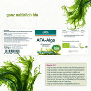 Etikett für das vegane, Bio AFA-Alge (Bio) Supplement von gse.organic.supplements auf Deutsch, mit grünen Algengrafiken, Zertifizierungslogos und beigem Kasten zu Vitamin B12-Vorteilen fürs Immunsystem.