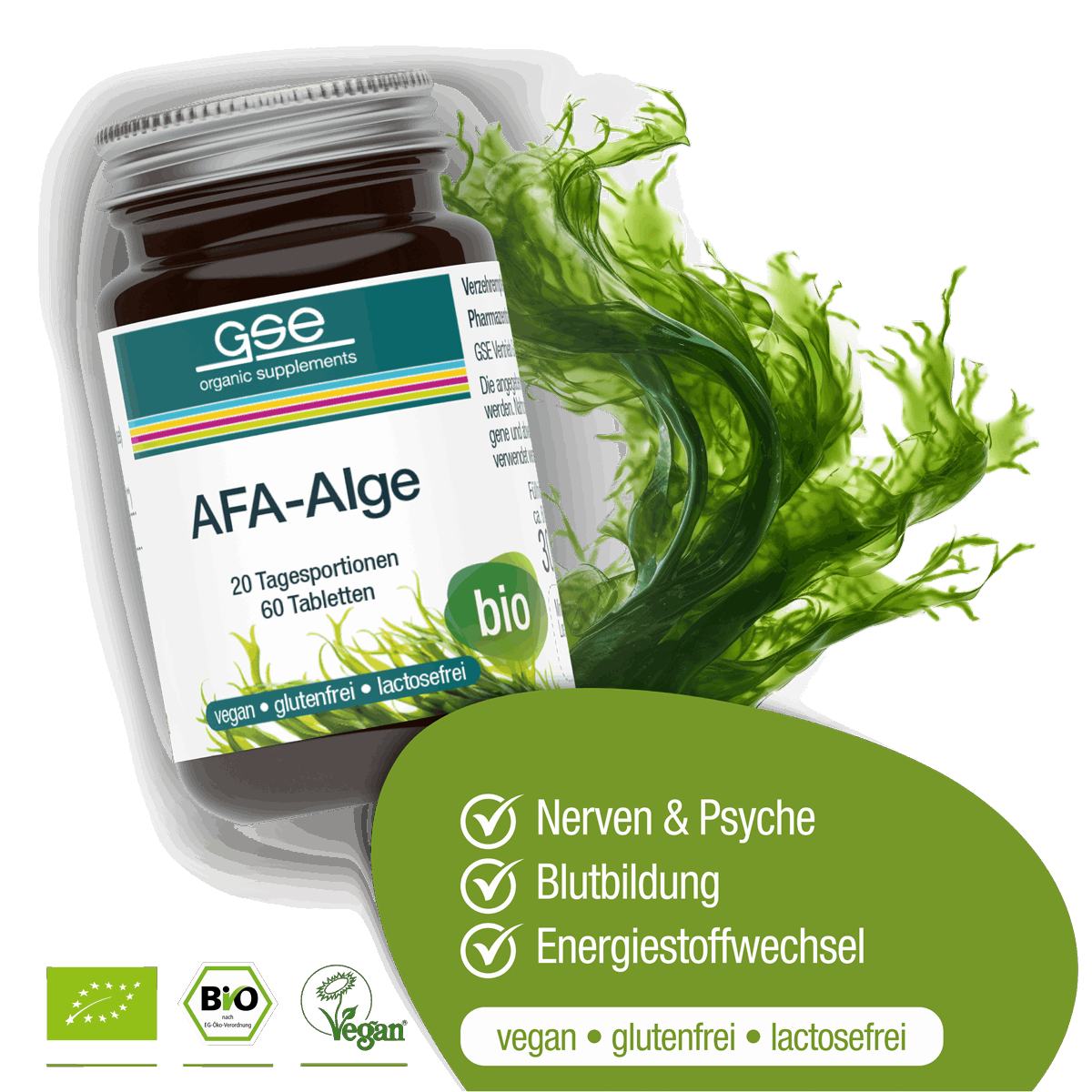 Abgebildet ist ein Glas gse.organic.supplements AFA-Alge (Bio) mit wirbelnden Grünalgen und einem Etikett mit den Vorteilen: Nerven & Psyche, Blutbildung, Energiestoffwechsel, Vitamin B12, Immunsystem; vegan und allergenfrei.