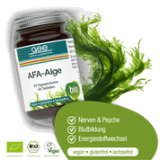 Abgebildet ist ein Glas gse.organic.supplements AFA-Alge (Bio) mit wirbelnden Grünalgen und einem Etikett mit den Vorteilen: Nerven & Psyche, Blutbildung, Energiestoffwechsel, Vitamin B12, Immunsystem; vegan und allergenfrei.