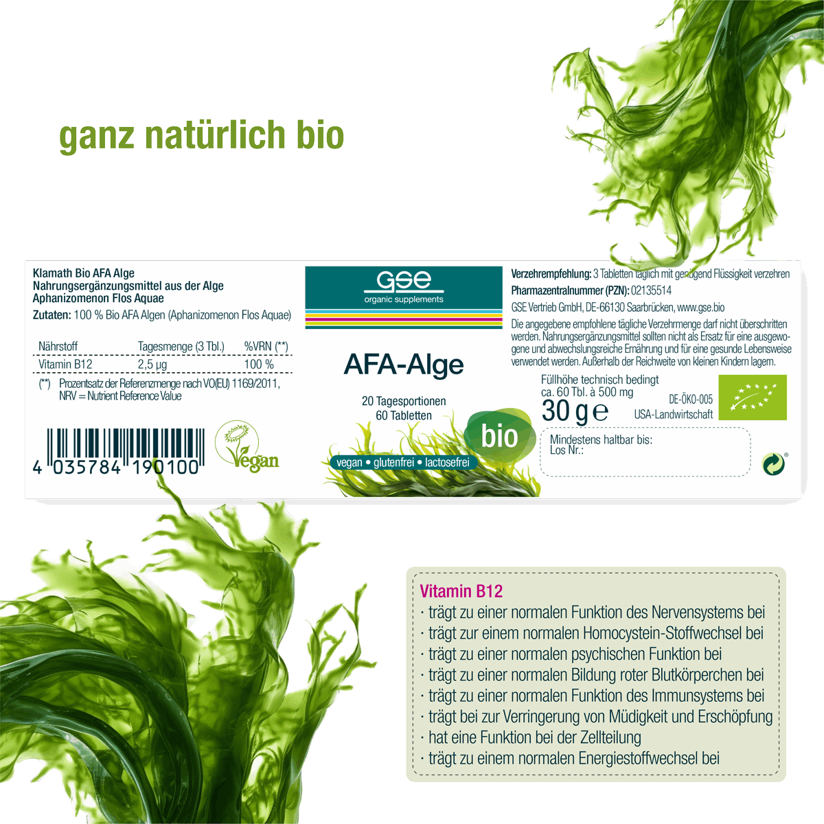Ein veganes Tablettenetikett von gse.organic.supplements AFA-Alge (Bio) mit Grafiken von Grünalgen, Öko-Symbolen und deutschem Text, der das organische Aphanizomenon Flos Aquae, die Vorteile von Vitamin B12 und die Unterstützung des Immunsystems hervorhebt.
