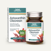 Eine Flasche und eine Kartonschachtel mit Astaxanthin-Oleoresin-Kapseln (Bio) von gse.organic.supplements, beide gekennzeichnet als Bio, glutenfrei und laktosefrei.