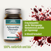 Eine Flasche Astaxanthin-Oleoresin-Kapseln (Bio) neben einem Text, in dem die biologischen Inhaltsstoffe und die Zusammensetzung des Produkts beschrieben werden.