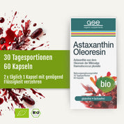 Produktverpackung für gse.organic.supplements Astaxanthin-Oleoresin-Kapseln (Bio) mit 60 Kapseln für 30 Tagesportionen, inklusive Gebrauchsanweisung und grünem Bio-Siegel.