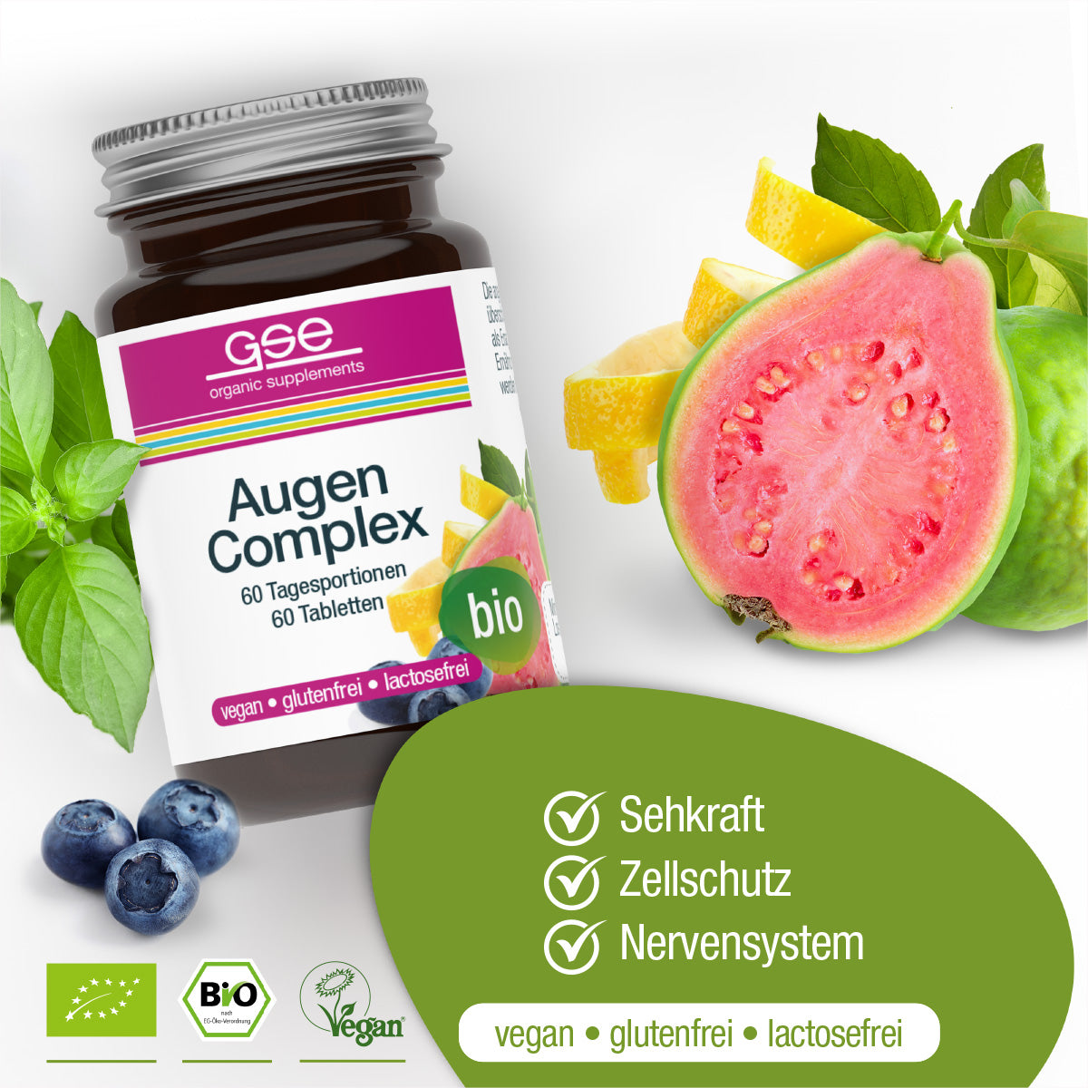 Eine Flasche gse.organic.supplements Augen Complex (Bio) ist mit Blaubeeren, Basilikum, Guaven und Zitrone abgebildet. Die Icons heben die Unterstützung der Sehkraft durch pflanzliche Mikronährstoffe hervor. Die Etiketten weisen darauf hin, dass es vegan, glutenfrei und laktosefrei ist.