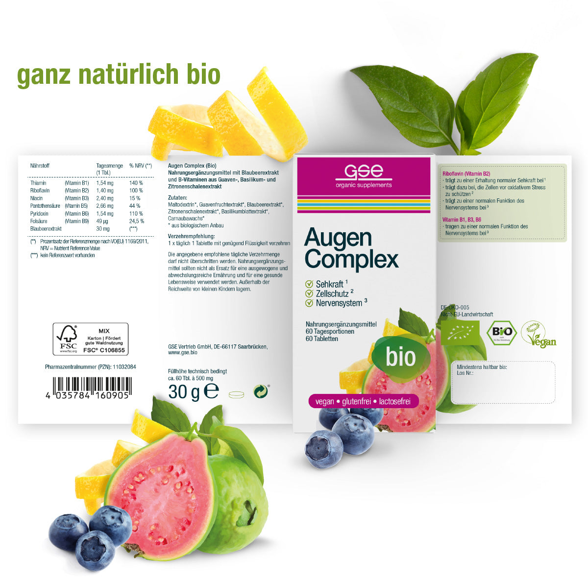 Die Verpackung von Augen Complex (Bio) von gse.organic.supplements, einem veganen und glutenfreien Nahrungsergänzungsmittel, ist von Guave, Bio-Heidelbeeren und Zitrone umgeben. Die Verpackung enthält pflanzliche Mikronährstoffe, Nährwertangaben und natürliche Etiketten.