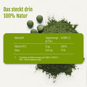 Naturland Bio Chlorella (Tabletten) von gse.organic.supplements, erhältlich als grüne vegane Tabletten und als Pulver, ist oben auf einer deutschen Nährwerttabelle abgebildet. Die Tabelle gibt eine Tagesdosis von 6 Tabletten an, die Vitamin B12 (6 µg, 240 % NRV) und Eisen (8,3 mg, 70 % NRV) liefern.