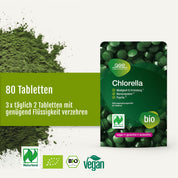 Naturland Bio Chlorella (Tabletten) von gse.organic.supplements wird in einer grünen Verpackung mit deutschen Texten geliefert. Sie enthält 80 Tabletten, eine Gebrauchsanweisung sowie Kennzeichnungen, die auf Bio, vegan, glutenfrei und laktosefrei hinweisen. Auf der Verpackung wird der Vitamin-B12-Gehalt hervorgehoben und es sind Abbildungen sowohl von Chlorella-Tabletten als auch von Chlorella-Pulver zu sehen.