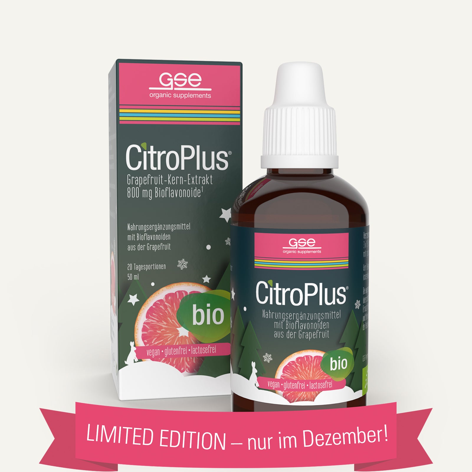 Eine Flasche und eine Schachtel CitroPlus® 800 - Grapefruitkernextrakt (Bio) von gse.organic.supplements werden mit einer aufgeschnittenen Grapefruit gezeigt. Auf einem rosa Banner steht: LIMITED EDITION - nur im Dezember! Reich an pflanzlichen Bioflavonoiden.