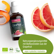 Eine braune Glasflasche von CitroPlus® 800 - Grapefruitkernextrakt (Bio) von gse.organic.supplements mit einem Tropfverschluss steht neben Grapefruitscheiben. Der deutsche Text hebt hervor, dass es vegan, glutenfrei, laktosefrei und reich an Bioflavonoiden ist.