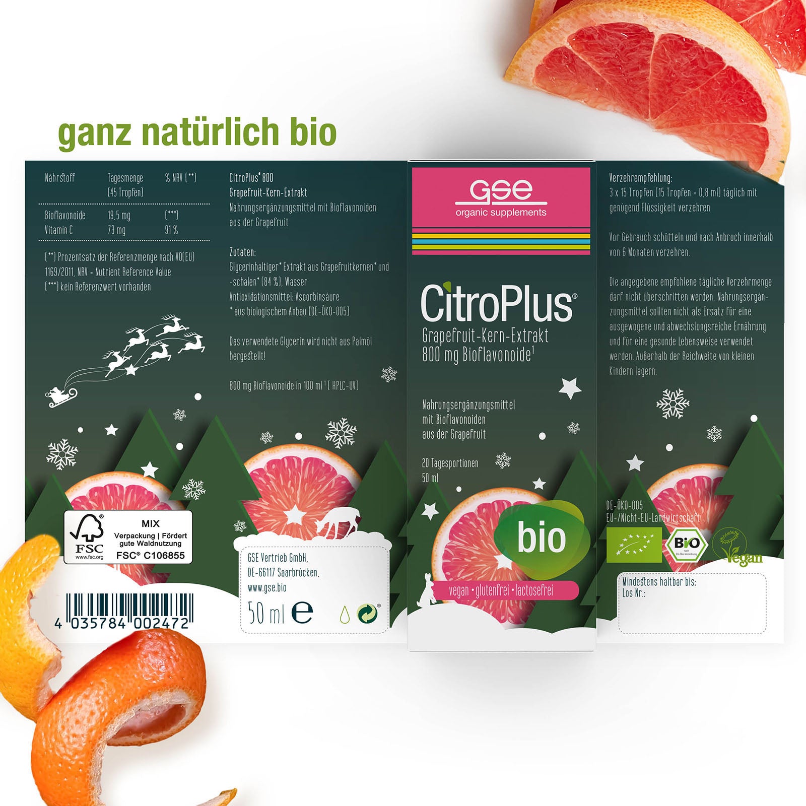 Eine Schachtel CitroPlus® 800 - Grapefruitkernextrakt (Bio) von gse.organic.supplements ist mit einer aufgeschnittenen Grapefruit und Orangenschale abgebildet. Die grün-weiße Verpackung zeigt Schneeflocken und Aufschriften wie bio, bioflavonoide, ganz natürlich bio.