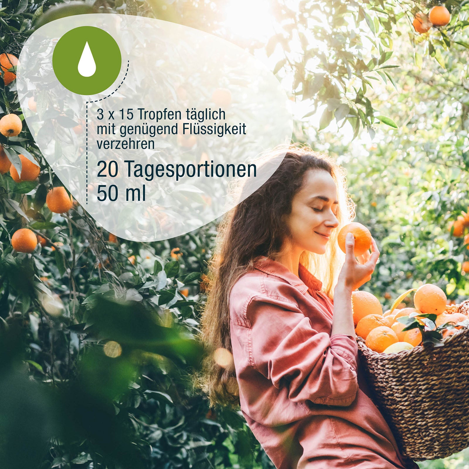 Eine Frau in einem Orangenhain hält einen Korb mit Orangen in der Hand und riecht an einer, während das Sonnenlicht durch die Bäume fällt. Deutscher Text wirbt für CitroPlus® 800 - Grapefruitkernextrakt (Bio) von gse.organic.supplements: 3 x 15 Tropfen täglich, 20 Tagesportionen, 50 ml.