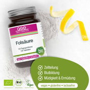 Eine Flasche Folsäure Compact (Bio) von gse.organic.supplements steht auf hellem Puder mit Zitronenschale. Das grüne Etikett zeigt vegane, gluten- und laktosefreie Vorteile sowie wichtige Schwangerschaftshinweise.