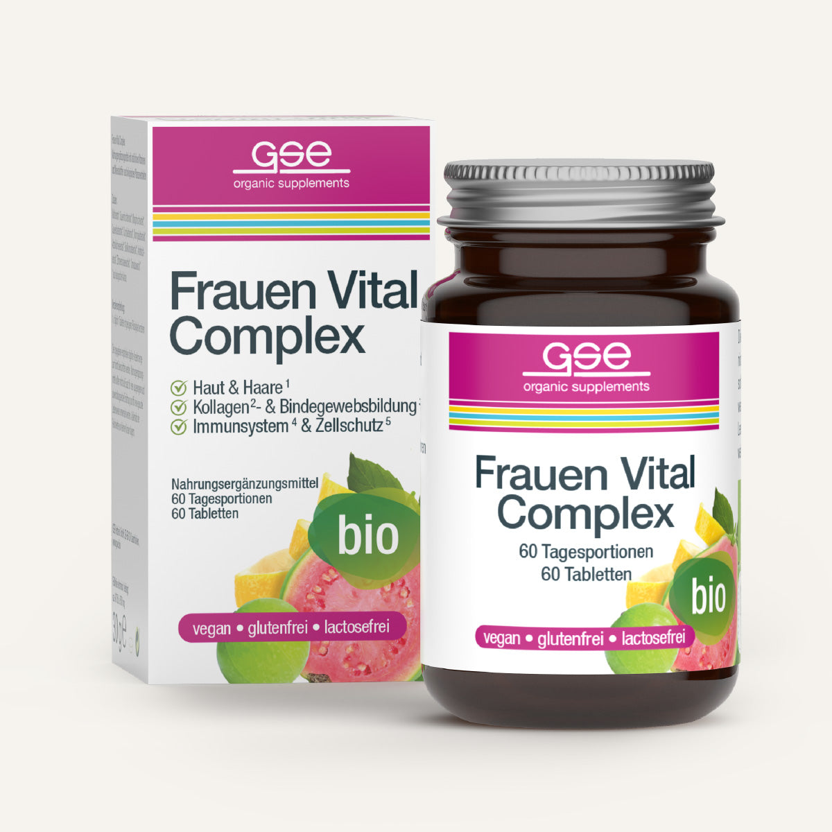 Eine Flasche und eine Schachtel gse.organic.supplements Frauen Vital Complex (Bio) Nahrungsergänzungsmittel mit bio-zertifizierten Nährstoffen und pflanzlichen Vitaminen. Die vegane, gluten- & laktosefreie Packung zeigt Früchte, Pflanzen und deutsche Gesundheitsnutzen-Infos.