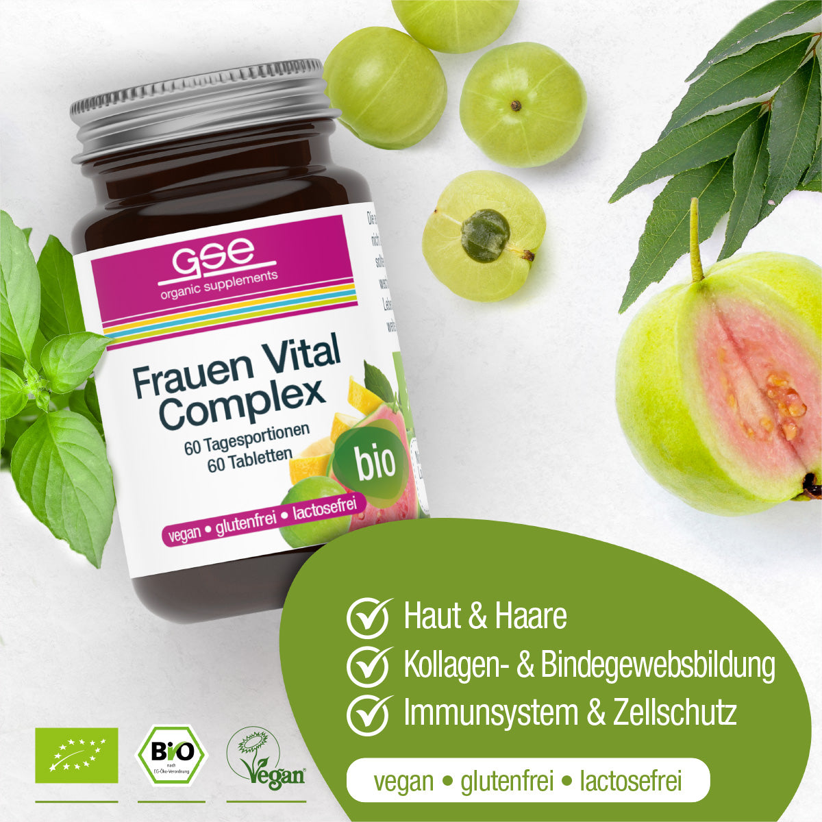 Eine Flasche Frauen Vital Complex (Bio) von gse.organic.supplements ist mit Stachelbeeren und grünen Blättern abgebildet. Bio-zertifizierte Nährstoffe unterstützen Haut, Haare, Immunität und Kollagen. Vegan, glutenfrei und laktosefrei gekennzeichnet.