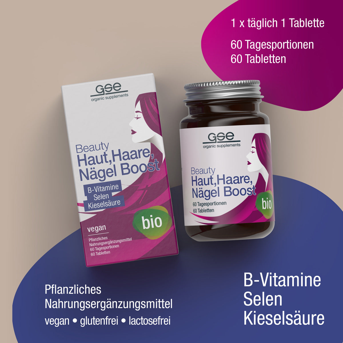 Eine Schachtel und eine Flasche gse.organic.supplements Beauty Haut, Haare, Nägel Boost (Bio) für Haut, Haare und Nägel, deren Etikett B-Vitamine, Selen, Kieselsäure und pflanzliche Mikronährstoffe angibt.