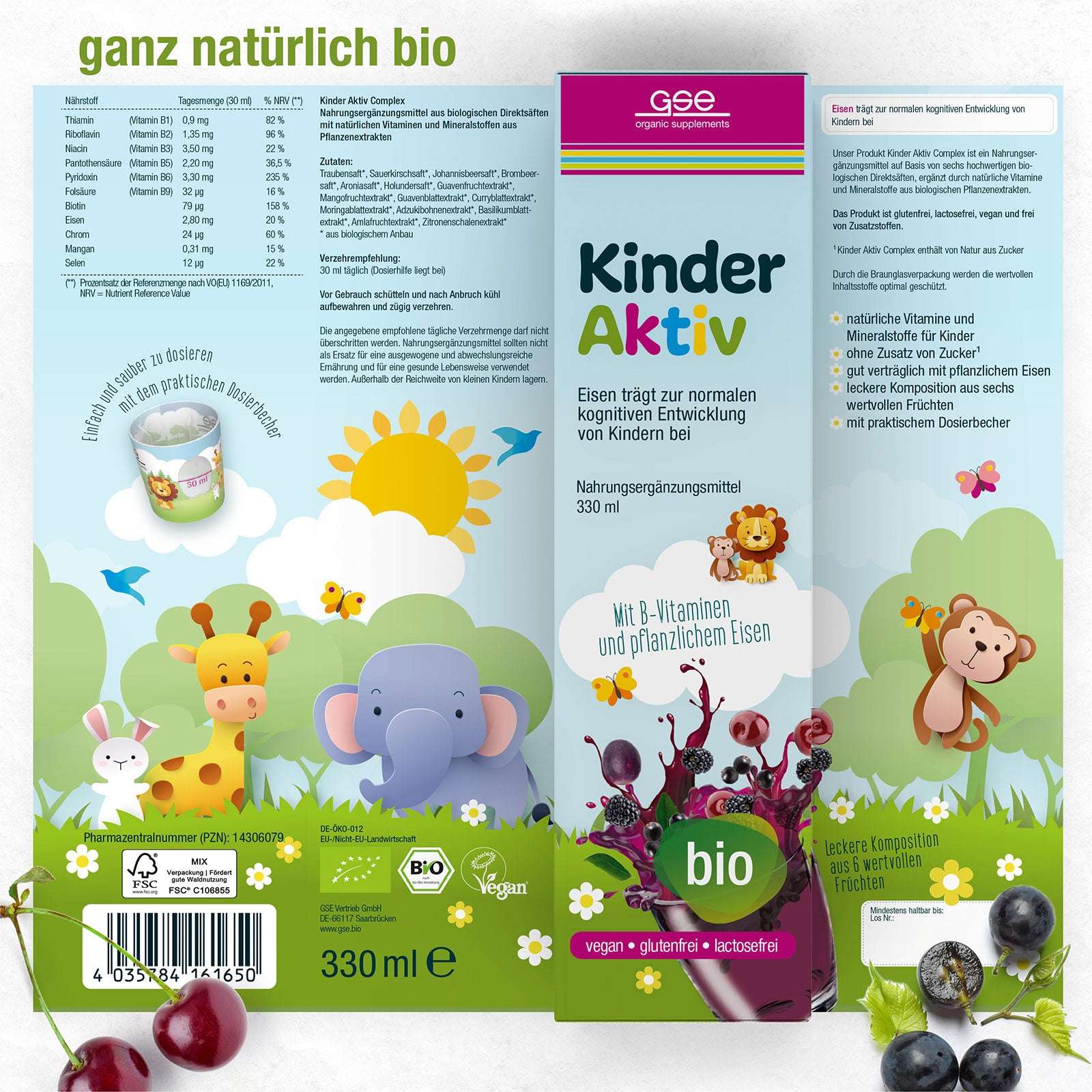 Farbenfrohe Verpackung für den Kinder Aktiv Complex (Bio) von gse.organic.supplements mit verspielten Tier-, Obst- und Naturmotiven. Das Etikett unterstreicht die vegane, gluten- und laktosefreie Formel mit pflanzlichem Eisen und Bio-Zertifizierung.