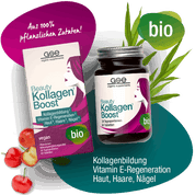 Eine Schachtel und ein Glas gse.organic.supplements Beauty Kollagen-Boost (Bio) mit Kirschen und Pflanzenblättern erscheinen. Die vegane, biologische Verpackung hebt Vitamin C und Mikronährstoffe für Kollagen hervor, um die Gesundheit von Haut, Haaren und Nägeln zu unterstützen.