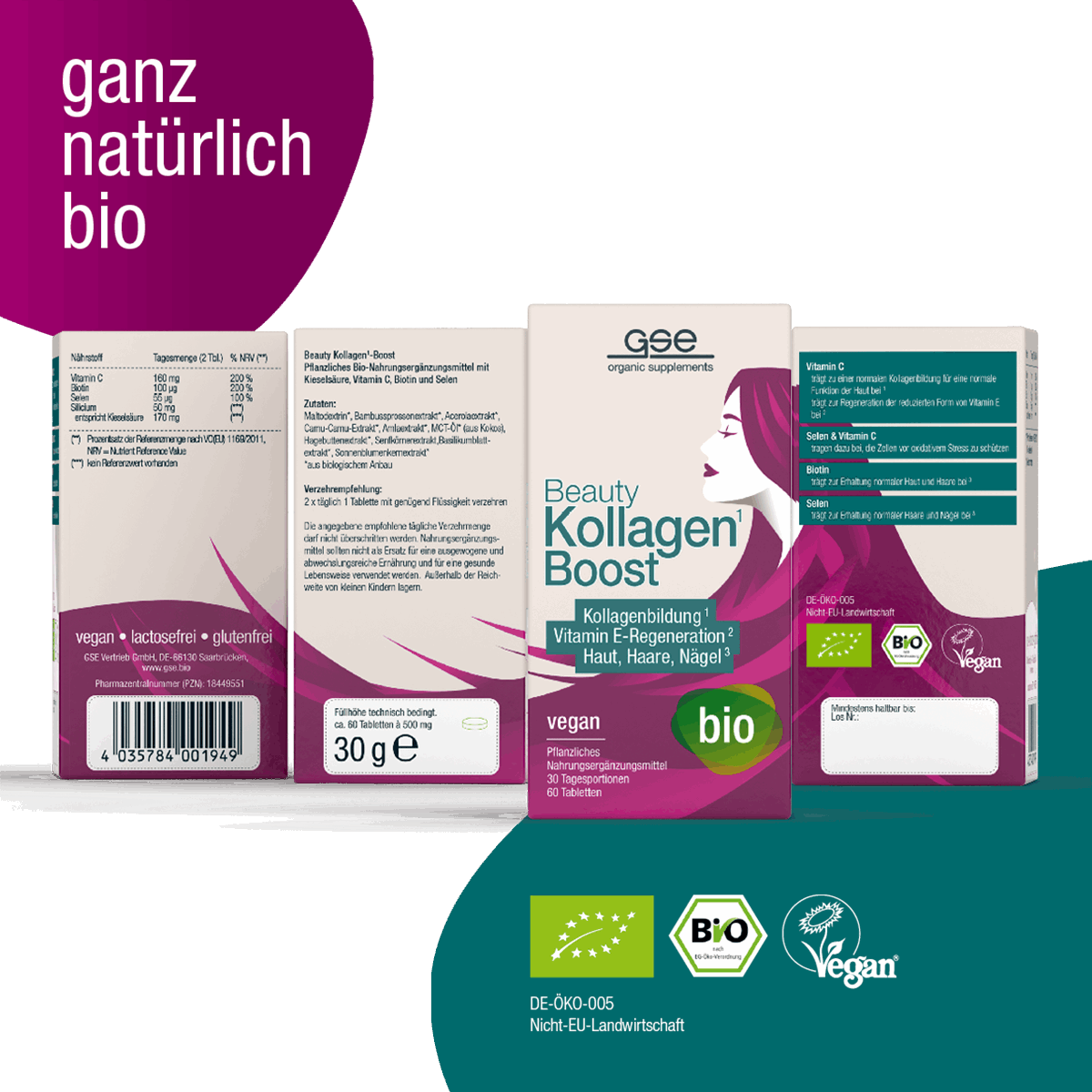 Vier Packungen gse.organic.supplements Beauty Kollagen-Boost (Bio) mit deutscher Beschriftung tragen die Siegel „Vegan“, „Bio“ und „Bio“. Die violett-weiß-grüne Verpackung listet zudem wichtige Mikronährstoffe wie Vitamin C auf.