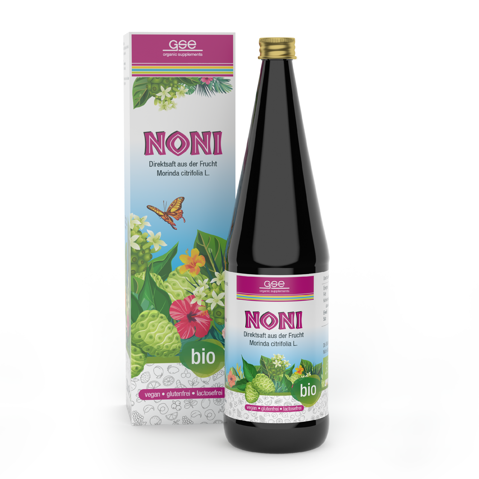 Eine Flasche gse.organic.supplements Noni (Bio) steht vor der passenden Schachtel. Beide sind mit farbenfrohen Illustrationen von Morinda citrifolia (Noni), Blumen und einem Kolibri verziert. Das Etikett weist auf Bio, Vegan und Glutenfrei hin.