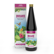 Eine Flasche gse.organic.supplements Noni (Bio) steht vor der passenden Schachtel. Beide sind mit farbenfrohen Illustrationen von Morinda citrifolia (Noni), Blumen und einem Kolibri verziert. Das Etikett weist auf Bio, Vegan und Glutenfrei hin.