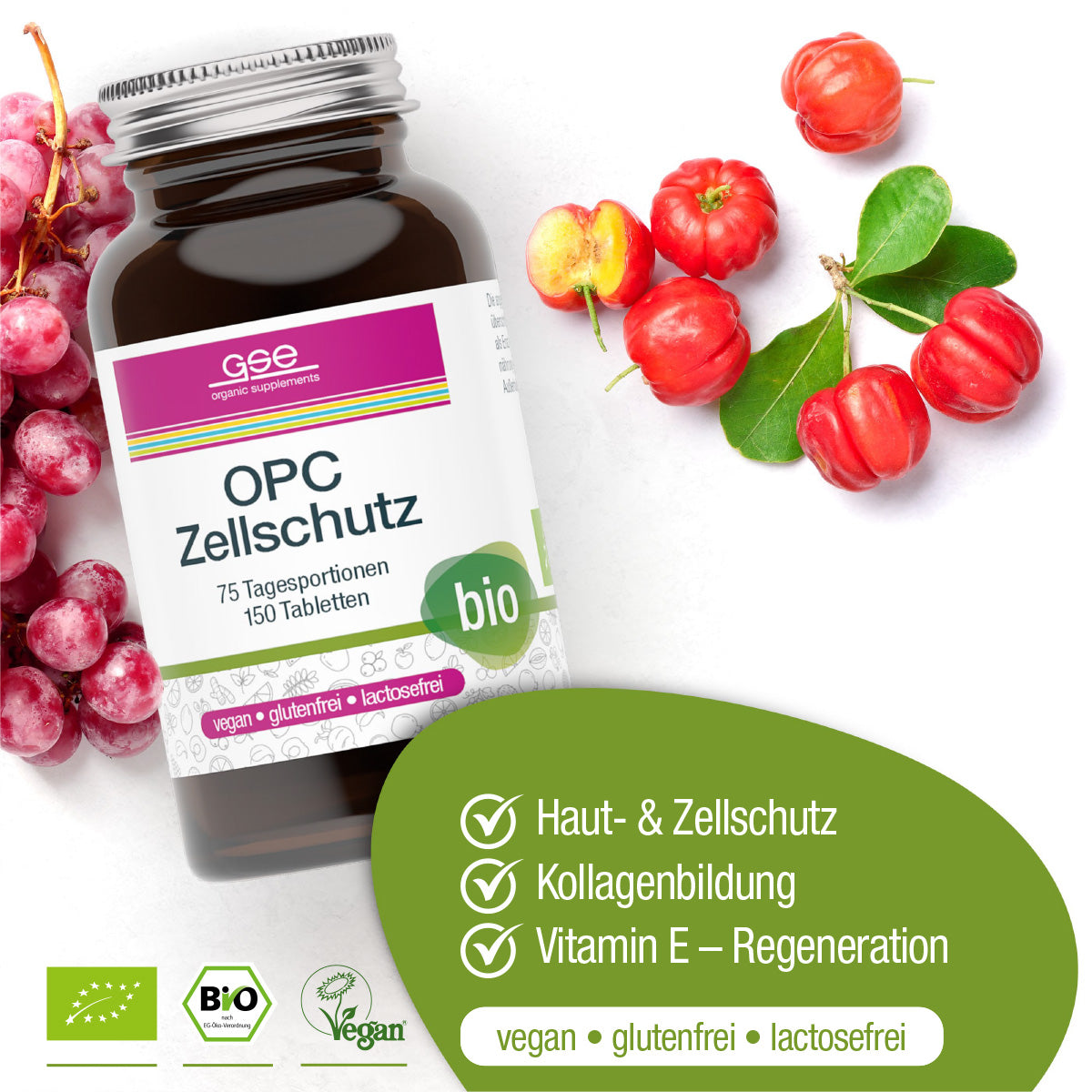 Eine Flasche gse.organic.supplements OPC Zellschutz Complex (Bio) steht neben frischen Weintrauben und Acerola-Kirschen. Das vegane, glutenfreie, laktosefreie, bio-zertifizierte Etikett betont den Haut- und Zellschutz mit Vitamin C Acerola.