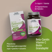 Eine Beauty Retinol-AE Boost-Box von gse.organic.supplements sowie eine Flasche mit Nahrungsergänzungstabletten mit Vitamin A, Biotin und Granatapfel, darunter Inhaltsstoffe wie pflanzliches Beta-Carotin.