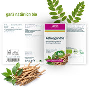 Nahaufnahme einer Packung mit Ashwagandha (Bio) von gse organic supplements, die seine ayurvedischen Wurzeln hervorhebt.