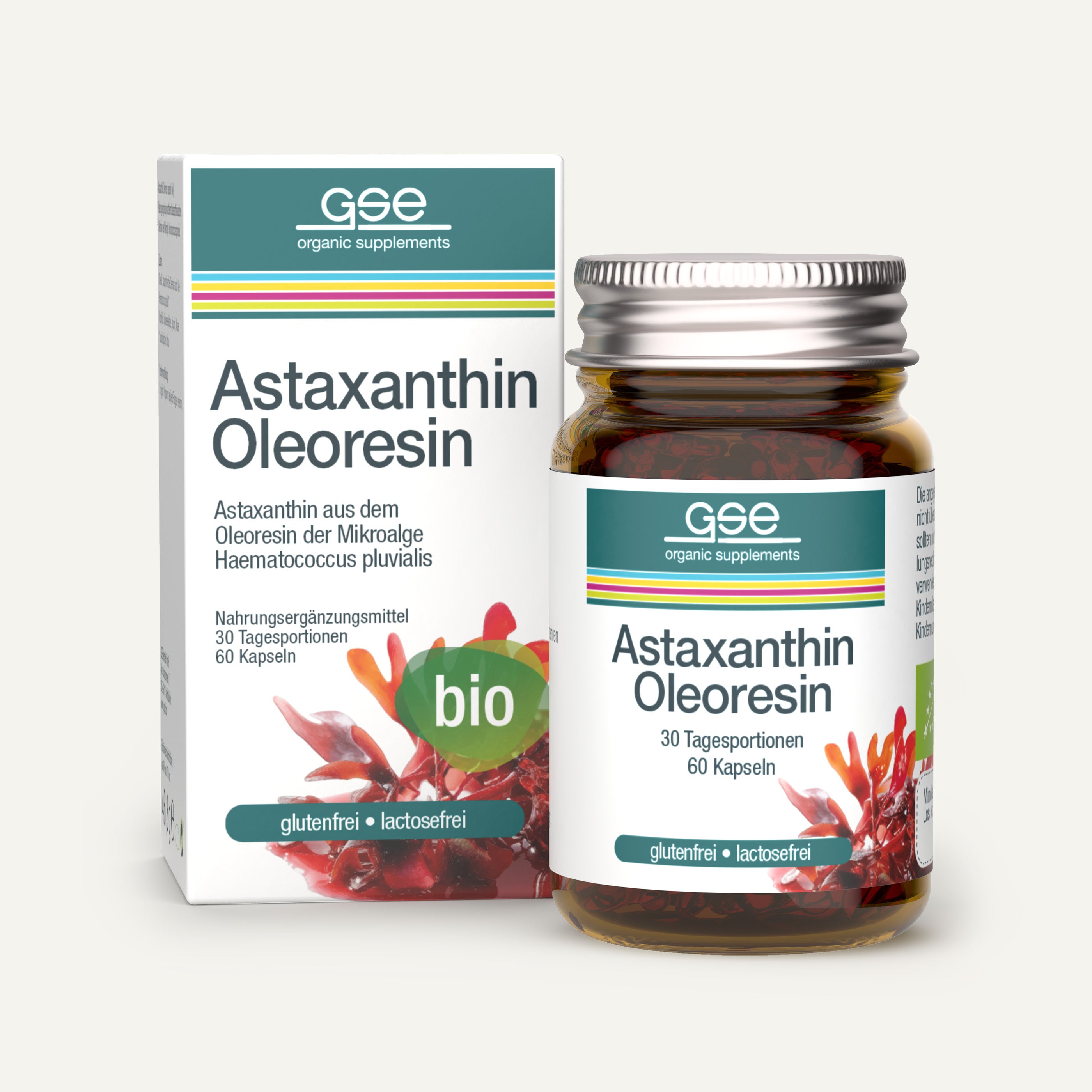 Eine Schachtel und ein Glas mit gse.organic.supplements Astaxanthin Oleoresin Kapseln (Bio), mit Blutregenalge-Bildern und Etiketten für bio, glutenfrei und laktosefrei.