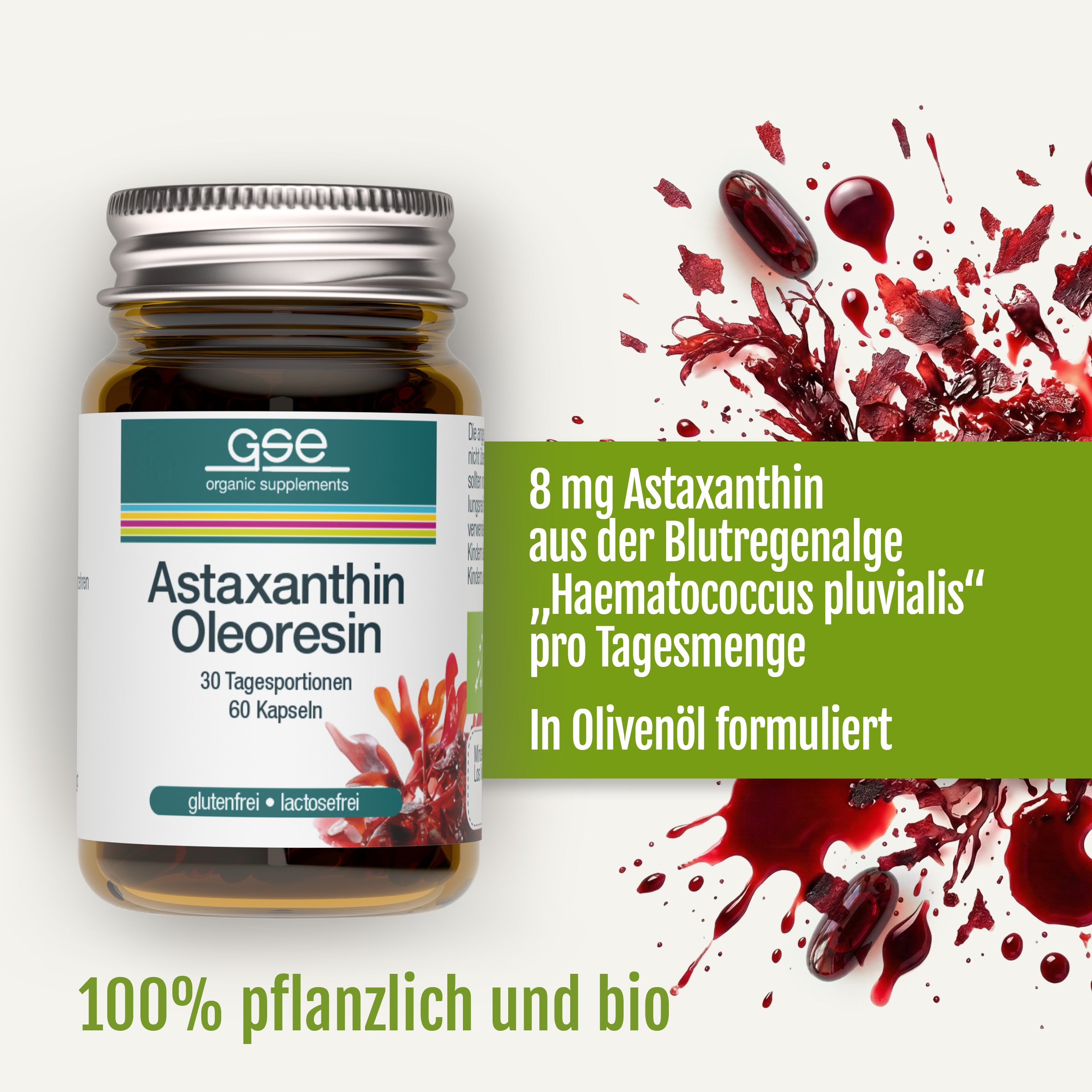 Eine Flasche Astaxanthin Oleoresin Kapseln (Bio) von gse.organic.supplements steht neben Rotöl und einem Blutregenalge-Cluster. Die Kapsel liefert 8 mg Astaxanthin aus Haematococcus pluvialis in Olivenöl - 100% pflanzlich und biologisch.