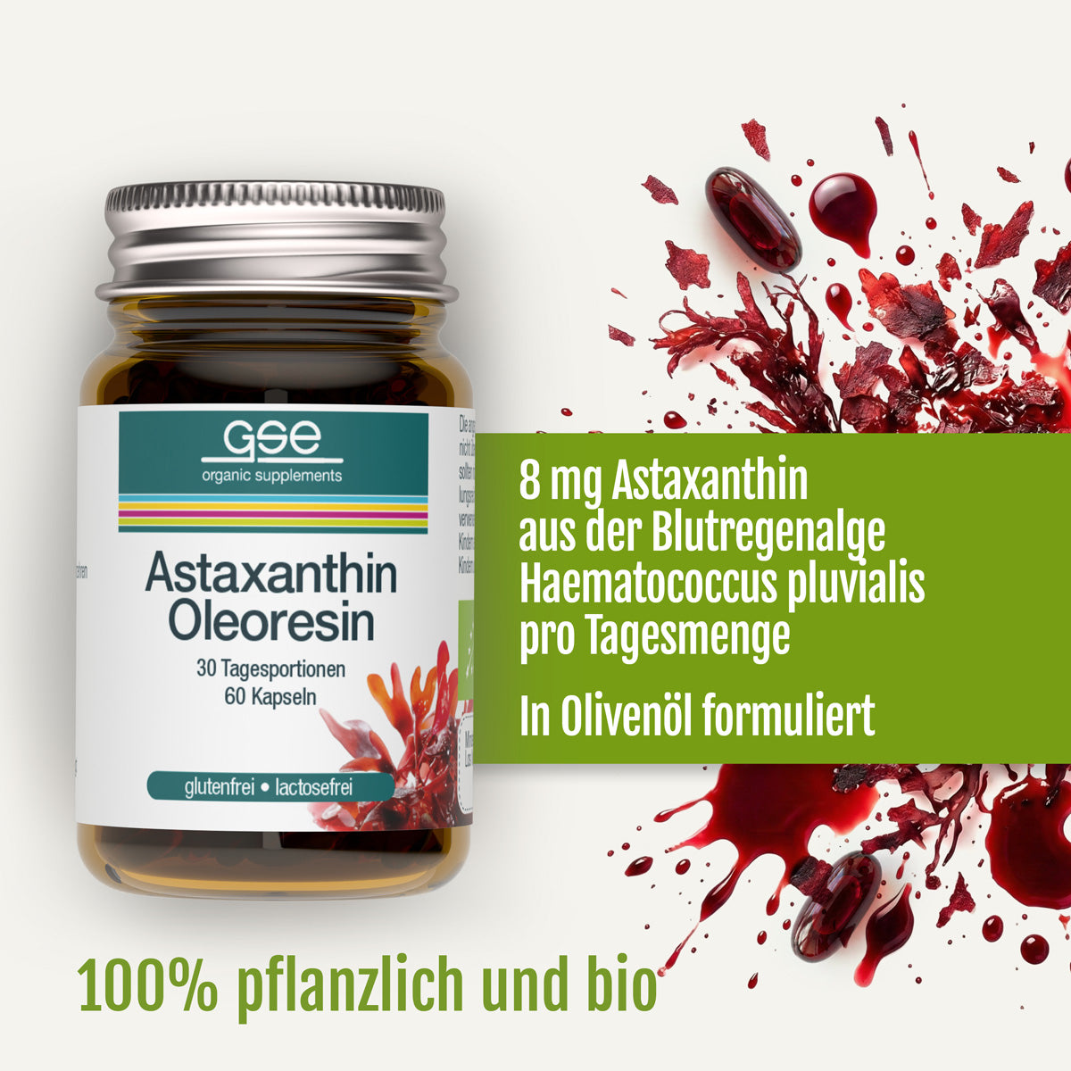 Neben roten Spritzern der Blutregenalge ist ein Glas mit „gse.organic.supplements Astaxanthin-Oleoresin-Kapseln (Bio)“ abgebildet. Der Text hebt hervor, dass die Kapseln 8 mg Astaxanthin aus Haematococcus pluvialis in Olivenöl enthalten, zu 100 % pflanzlich und aus biologischem Anbau sind.
