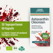 Eine Schachtel gse.organic.supplements Astaxanthin Oleoresin Kapseln (Bio) mit Granatapfel und Kapseln auf der Verpackung. Enthält 60 vegane, gluten- & laktosefreie Kapseln-Astaxanthin von Blutregenalge, 30 Tage Vorrat, zweimal täglich 1 nehmen.
