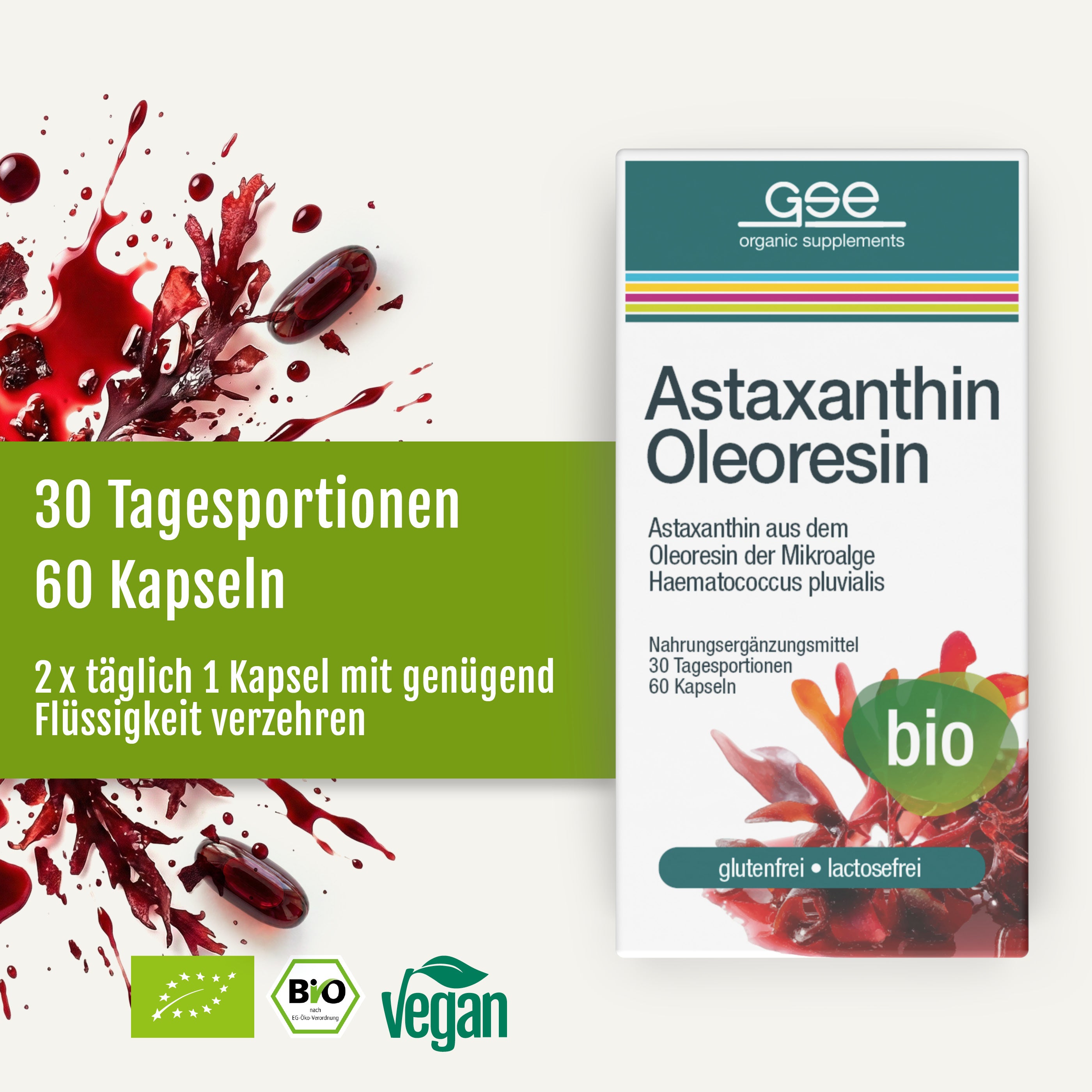 Eine Schachtel gse.organic.supplements Astaxanthin Oleoresin Kapseln (Bio) mit Granatapfel und Kapseln auf der Verpackung. Enthält 60 vegane, gluten- & laktosefreie Kapseln-Astaxanthin von Blutregenalge, 30 Tage Vorrat, zweimal täglich 1 nehmen.