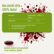 Grüner Kasten zeigt Nährwertangaben für gse.organic.supplements Astaxanthin Oleoresin Kapseln (Bio): 2 Kapseln liefern 8 mg Astaxanthin aus Blutregenalge oleoresin. Roter Flüssigkeitsspritzer und rote Kapsel. Deutsch: "Optimal dosiert und geschützt in der Gelatine-Kapsel.