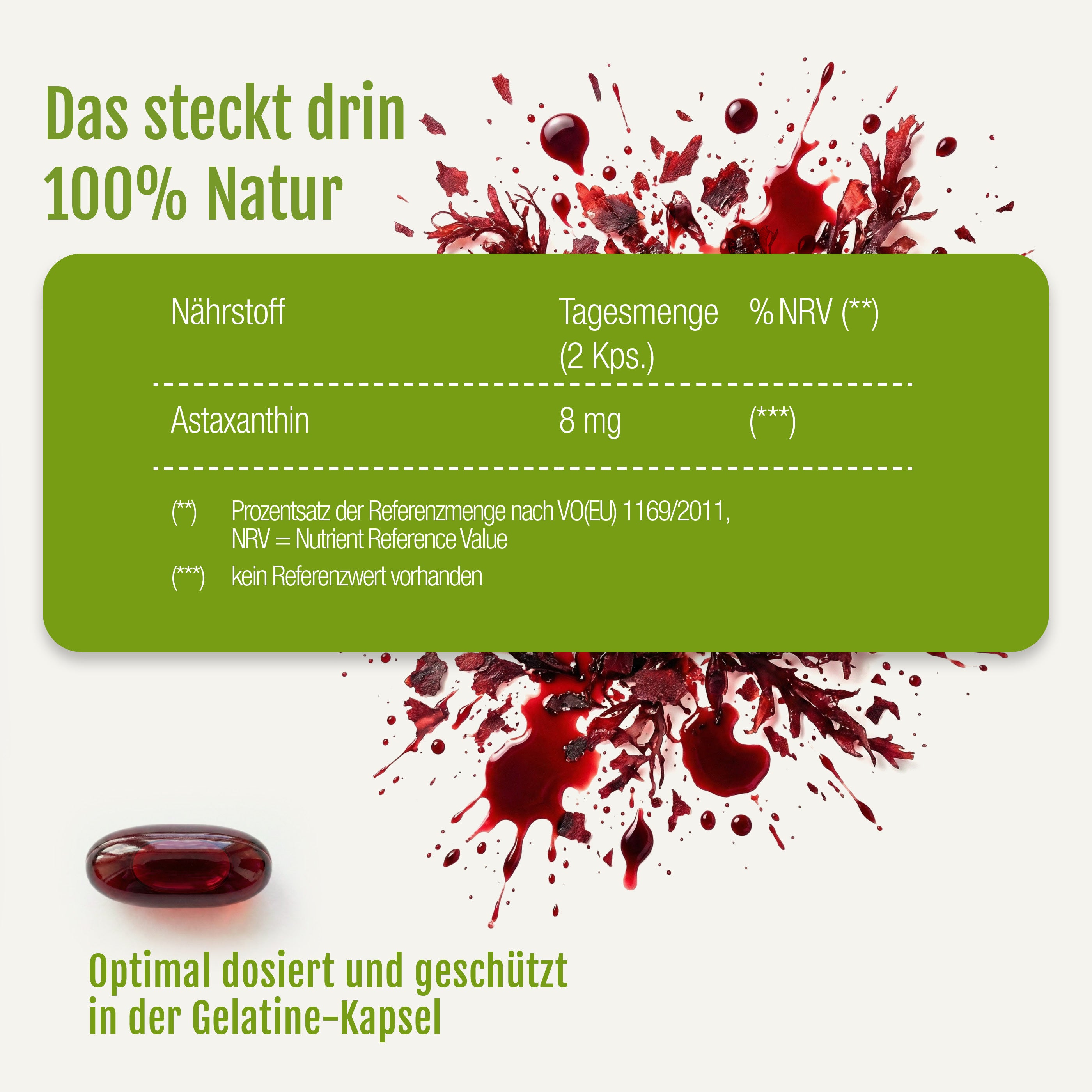 Grüner Kasten zeigt Nährwertangaben für gse.organic.supplements Astaxanthin Oleoresin Kapseln (Bio): 2 Kapseln liefern 8 mg Astaxanthin aus Blutregenalge oleoresin. Roter Flüssigkeitsspritzer und rote Kapsel. Deutsch: "Optimal dosiert und geschützt in der Gelatine-Kapsel.