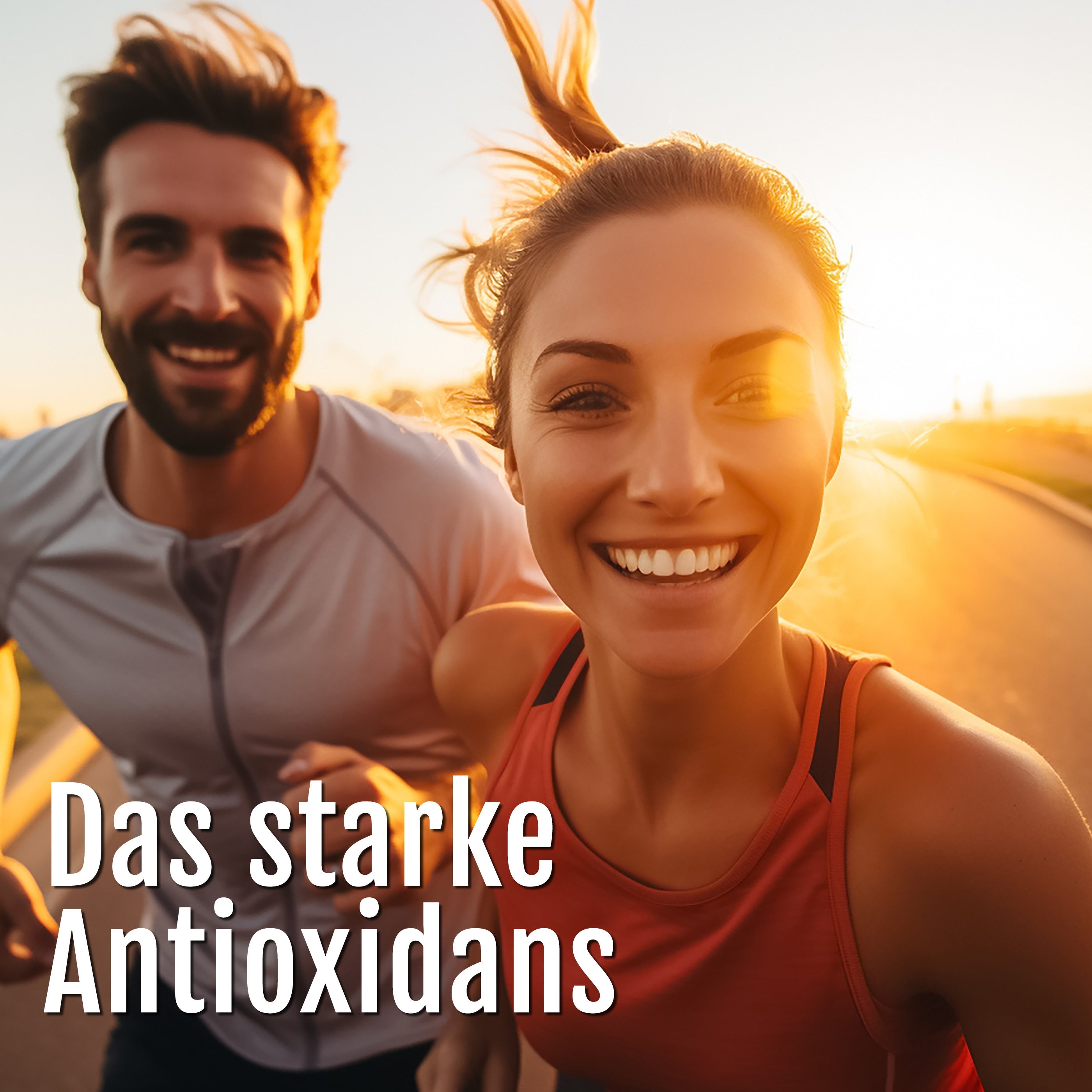 Ein lächelnder Mann und eine lächelnde Frau joggen bei Sonnenuntergang im Freien, Sonnenlicht auf ihren Gesichtern. Im Vordergrund erscheint "Das starke Antioxidans" und verweist auf Astaxanthin Oleoresin Kapseln (Bio) von gse.organic.supplements.