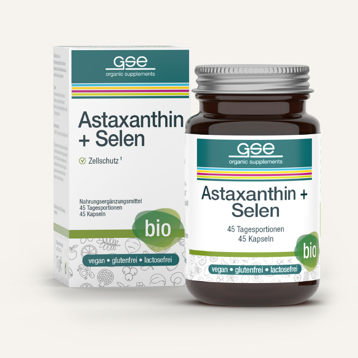 Eine Schachtel und Flasche gse.organic.supplements Astaxanthin + Selen (Bio), vegan, gluten- und laktosefrei, mit 45 Kapseln - ideal für 45 Tagesportionen.