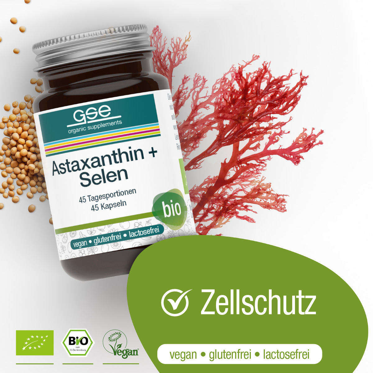 Eine Flasche gse.organic.supplements Astaxanthin + Selen (Bio), 45 Kapseln, erscheint mit roten Algen und gelbem Granulat. Grüne Symbole zeigen an, dass es biologisch, vegan, glutenfrei und laktosefrei ist. Der deutsche Text "Zellschutz" wird angezeigt.